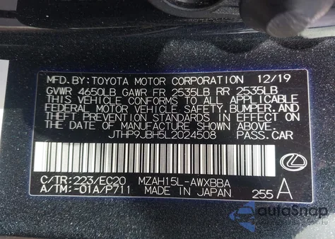 2020 Lexus Ux 250H from USA, damaged, VIN JTHP9JBH5L2024508